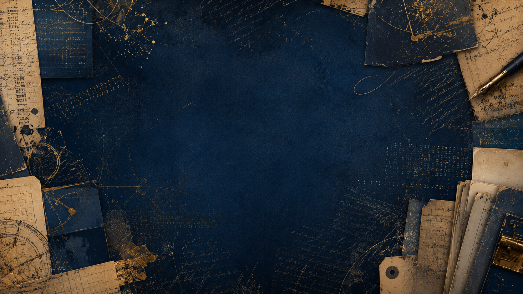 A mosaic of aged papers, ink notes and gilded fragments on deep cobalt