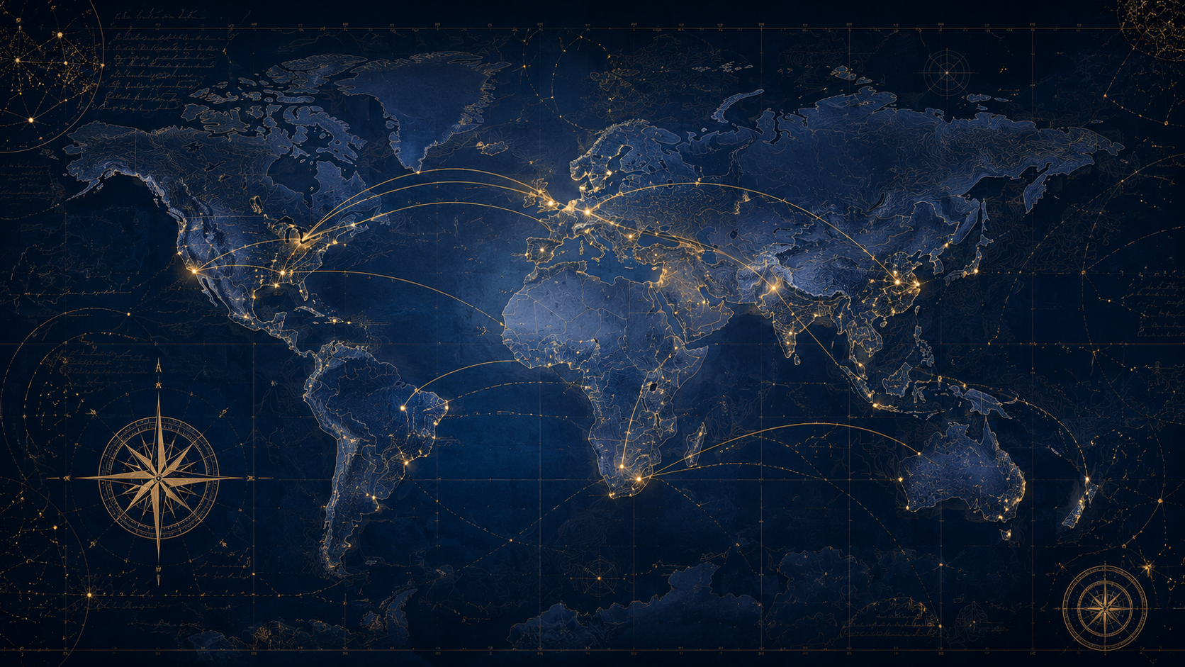 Antique world map with luminous gold arcs connecting continents